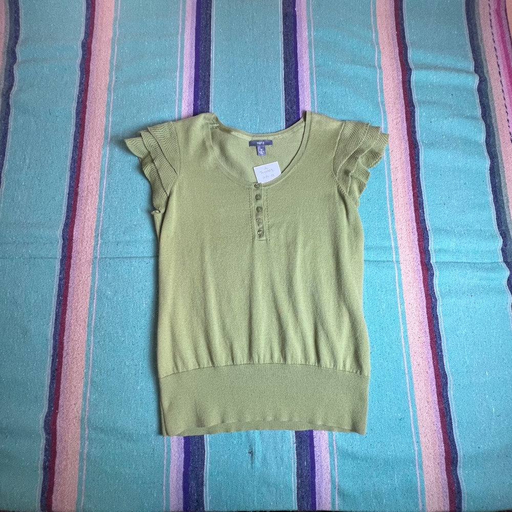 Knit Top Women M Green Ruffle Sleeve Henley Cotton Blend Casual Sweater